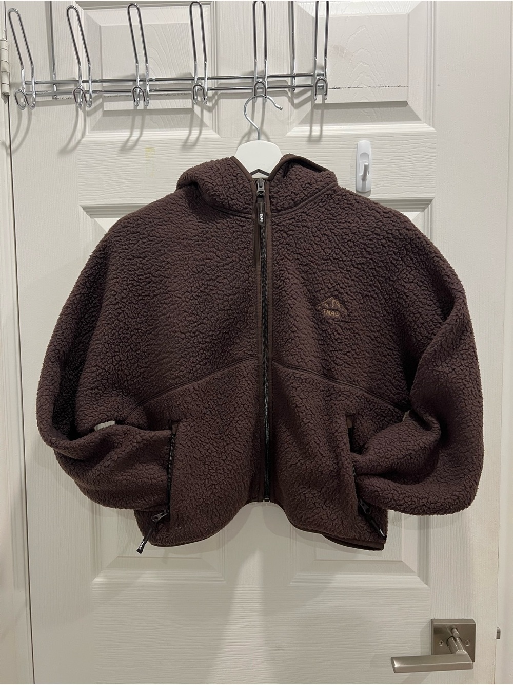 TNA Cropped Brown Sherpa Fleece Hoodie Jacket